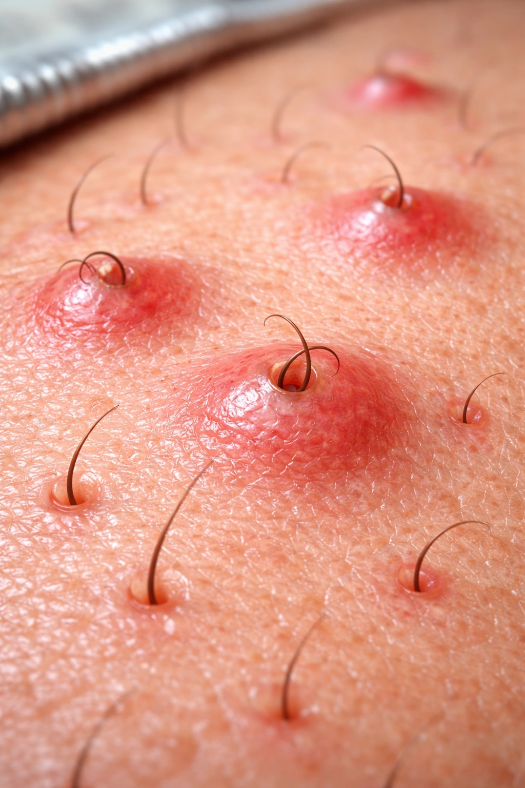 Macro close-up of skin with inflamed bumps and curling hair beneath surface