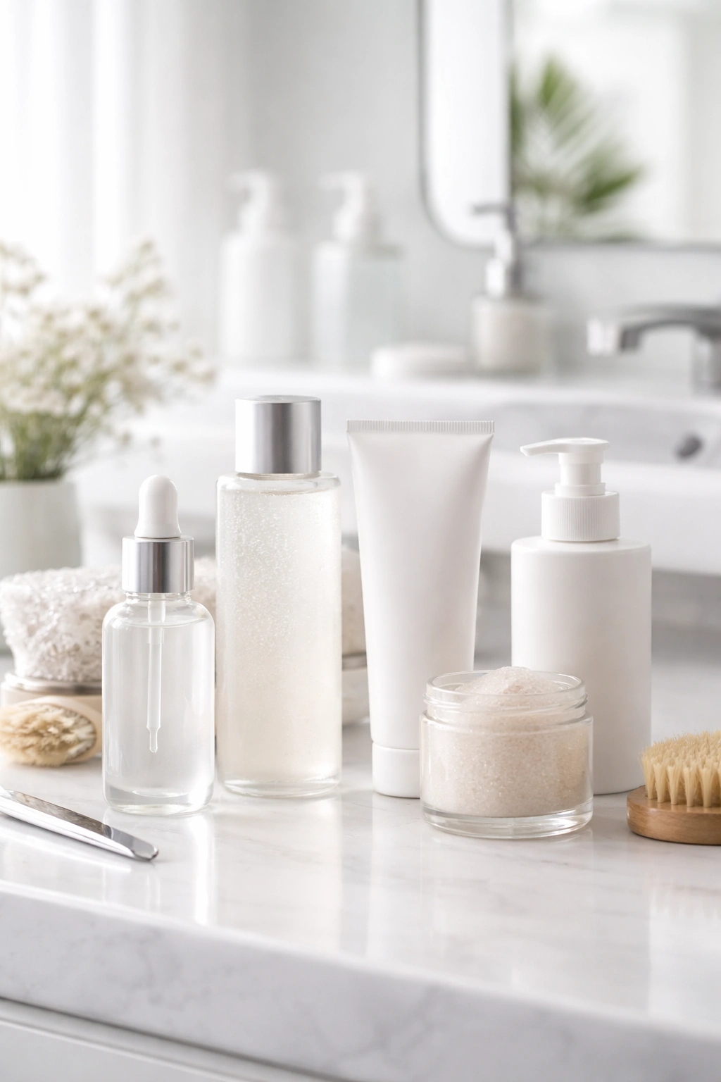 Unlabeled skincare bottles on a clean vanity representing effective ingrown hair care