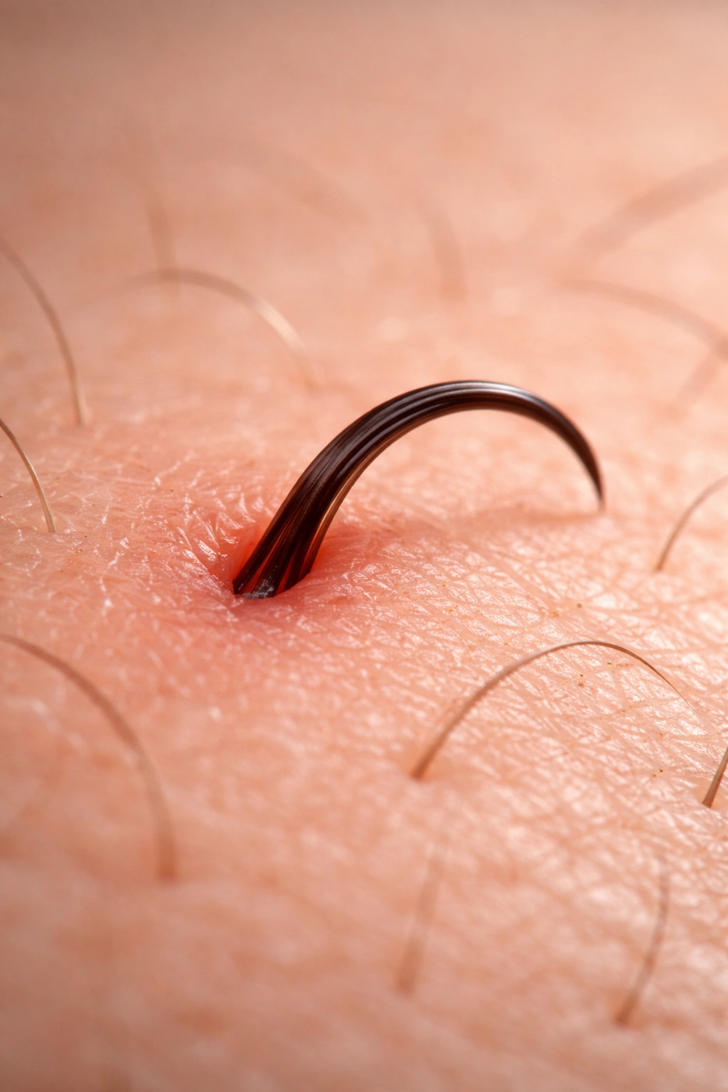 Close-up of a single hair curling under the skin surface