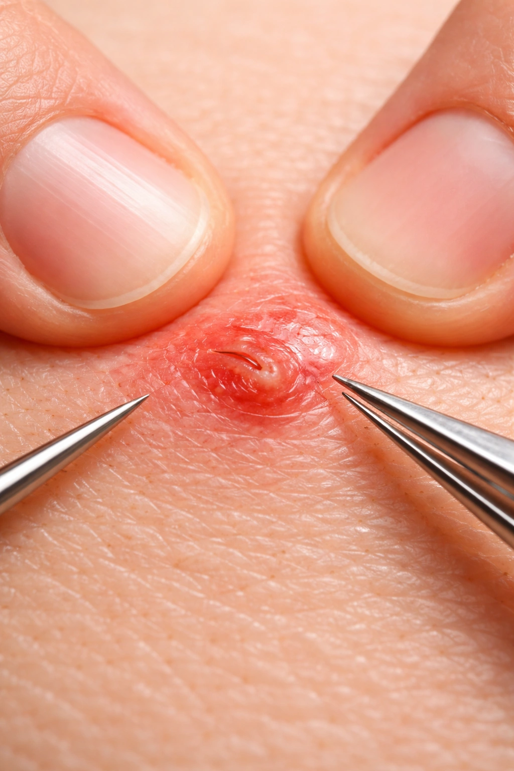 Close-up of an inflamed ingrown hair bump on skin, illustrating improper handling