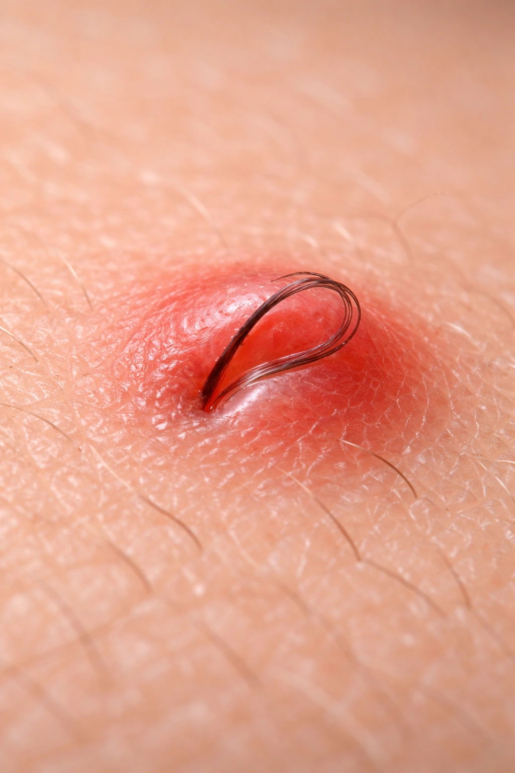 Close-up of a red inflamed bump with a hair looping beneath the skin.