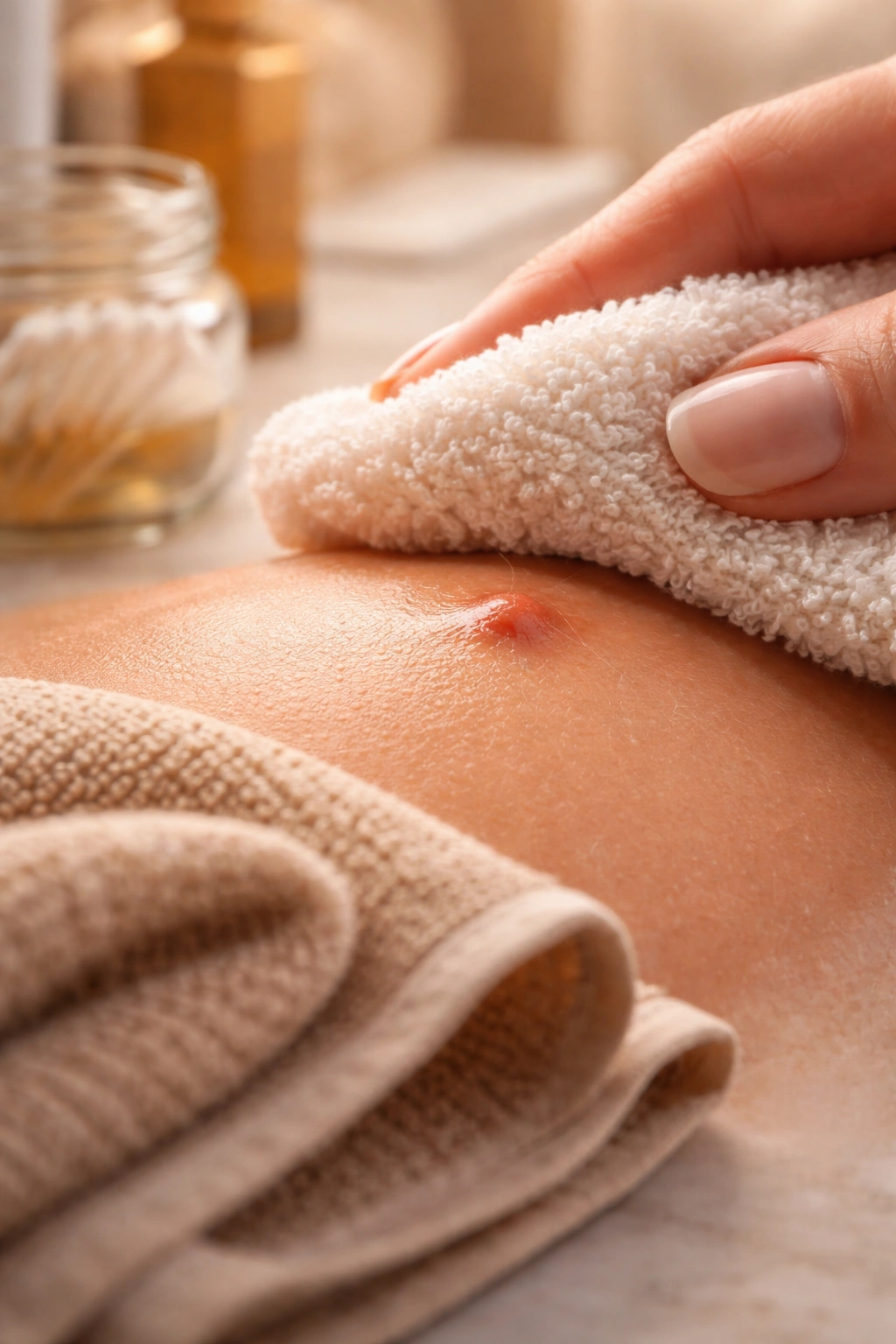 Close-up of skin with a warm compress and exfoliating cloth addressing an ingrown hair
