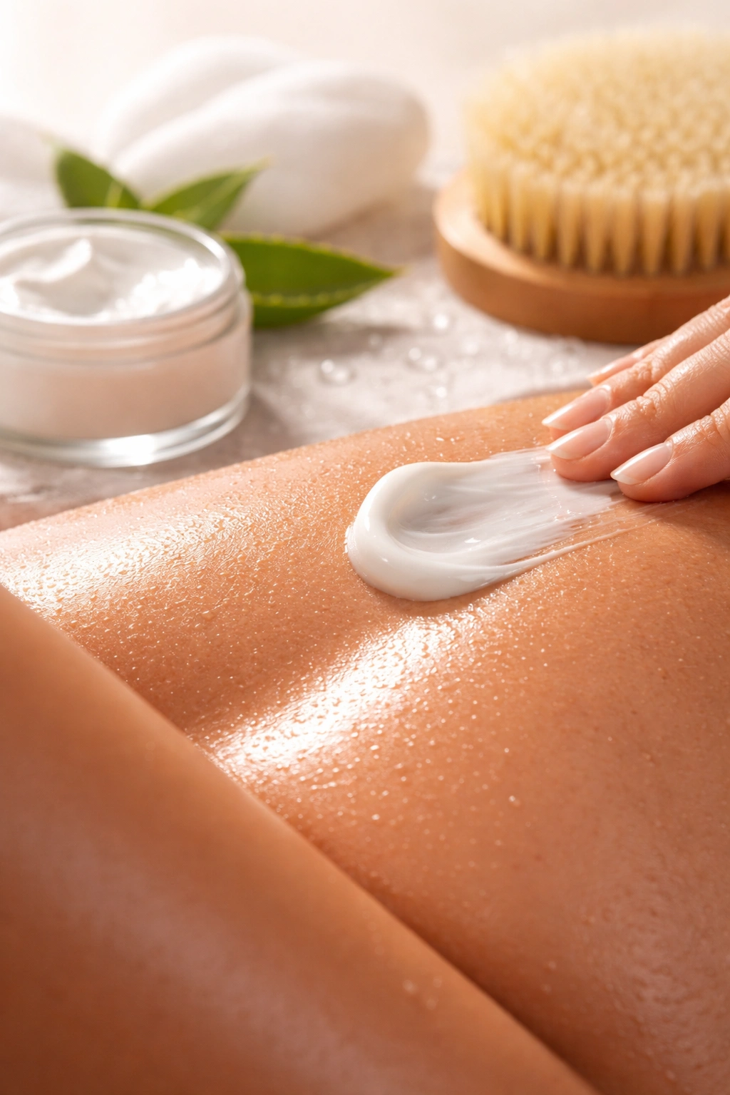 Close-up of moisturized skin with a smooth texture and no ingrown hairs.