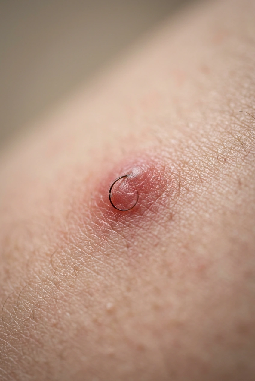 Close-up of bikini-area skin showing an ingrown hair beneath the surface