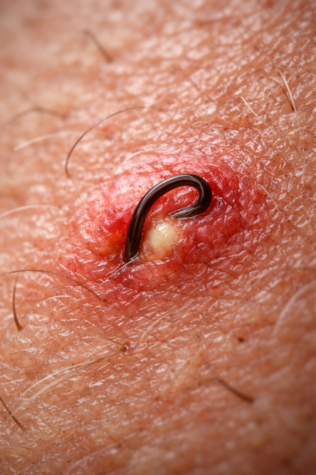 Close-up of curling hair under skin illustrating causes