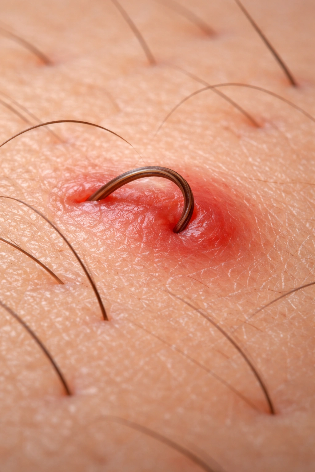 Close-up of skin with an ingrown hair curling beneath the surface and a small red bump.