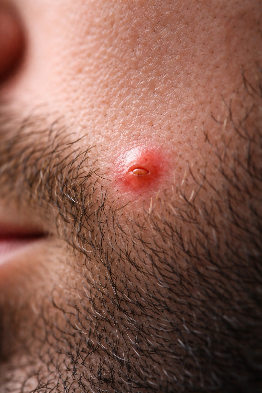 Facial skin close-up with an ingrown hair bump at the beard line