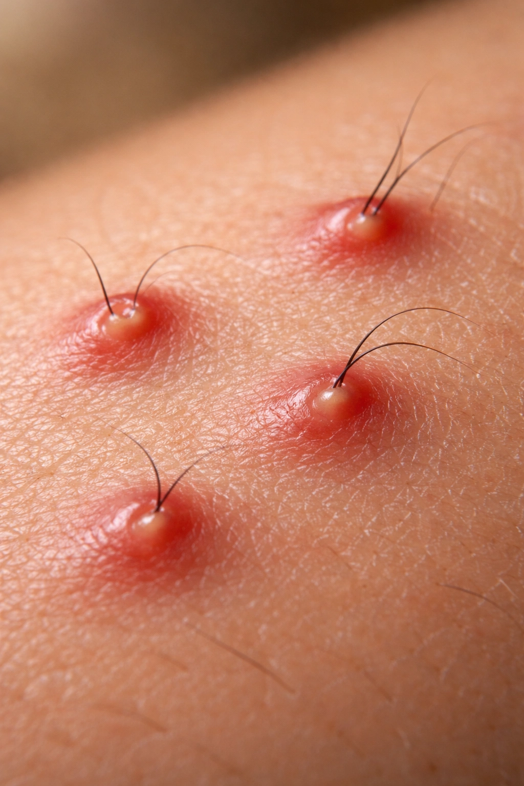 Close-up of skin with inflamed ingrown hairs and subtle redness