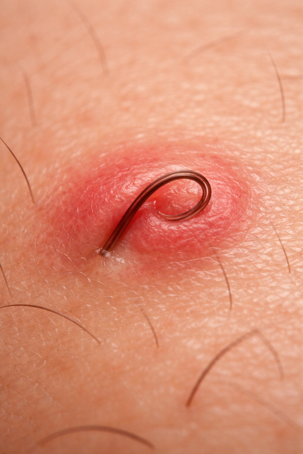 Close-up of an ingrown hair bump on skin with a curling hair beneath the surface