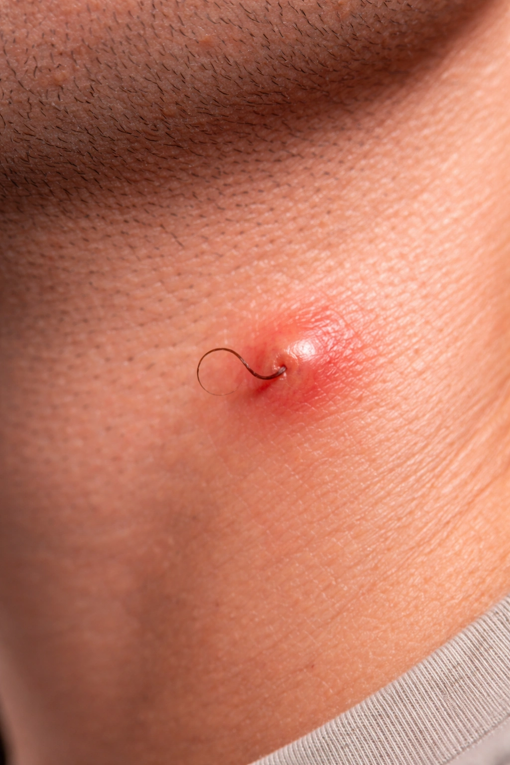 Close-up of neck skin with an inflamed bump where an ingrown hair is present.
