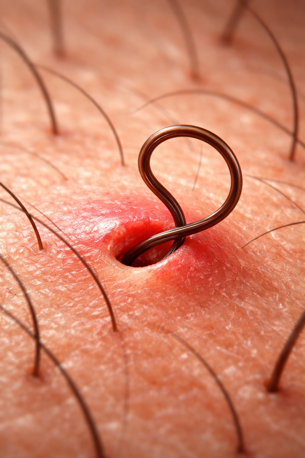 Close-up of a curly hair curling back into the skin at a pore.