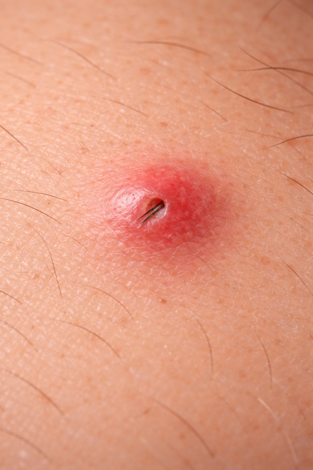 Close-up of skin with a red bump and hair beneath the surface.