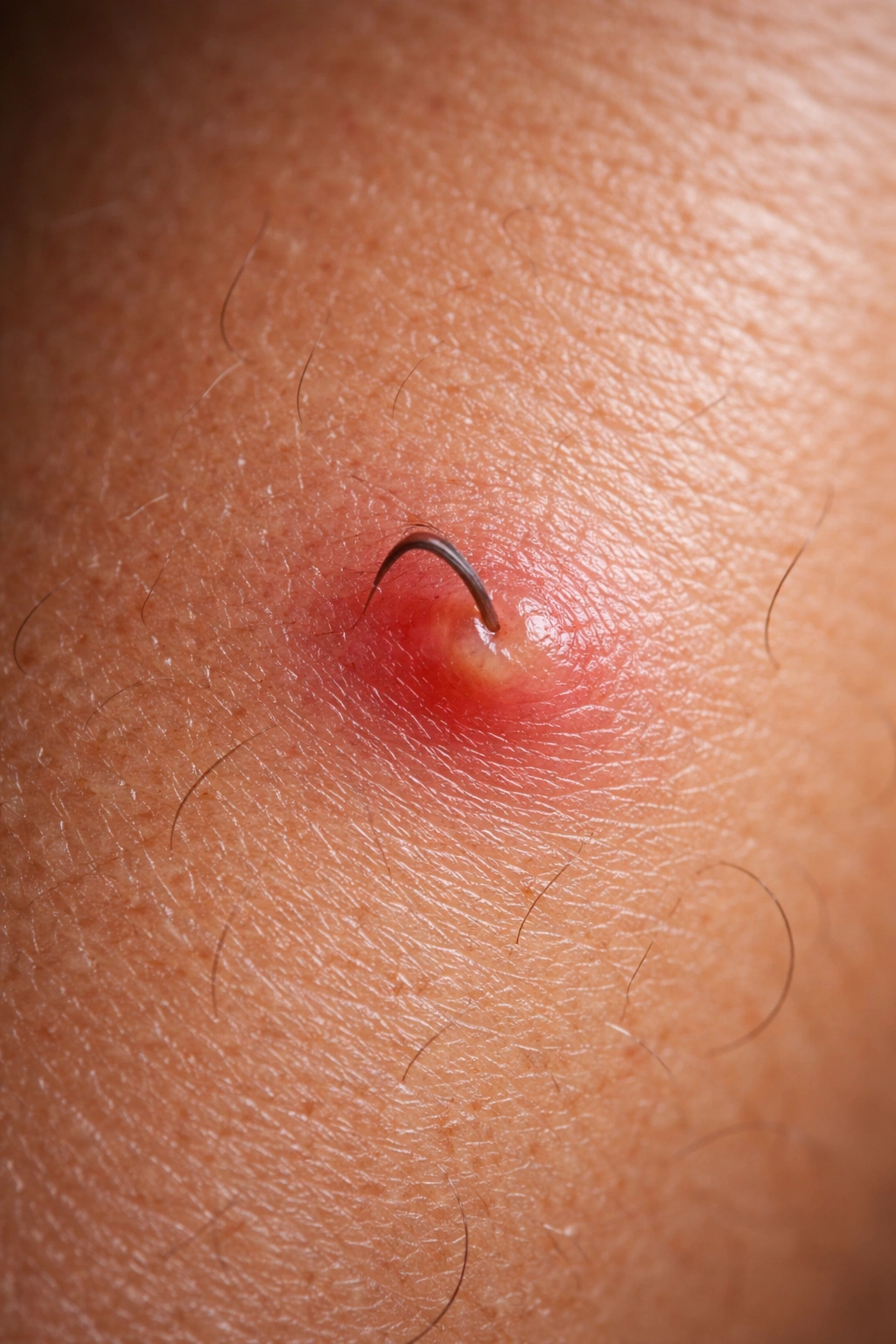Close-up of skin showing a raised ingrown-hair sign with hair beneath surface