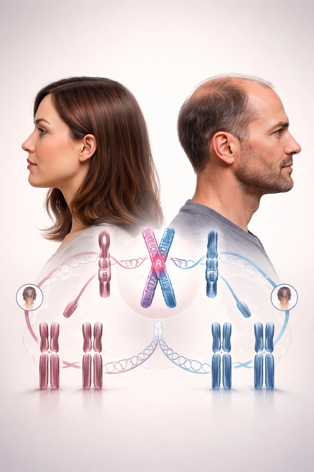 Side-profile silhouettes of parents illustrating genetic inheritance of hair loss