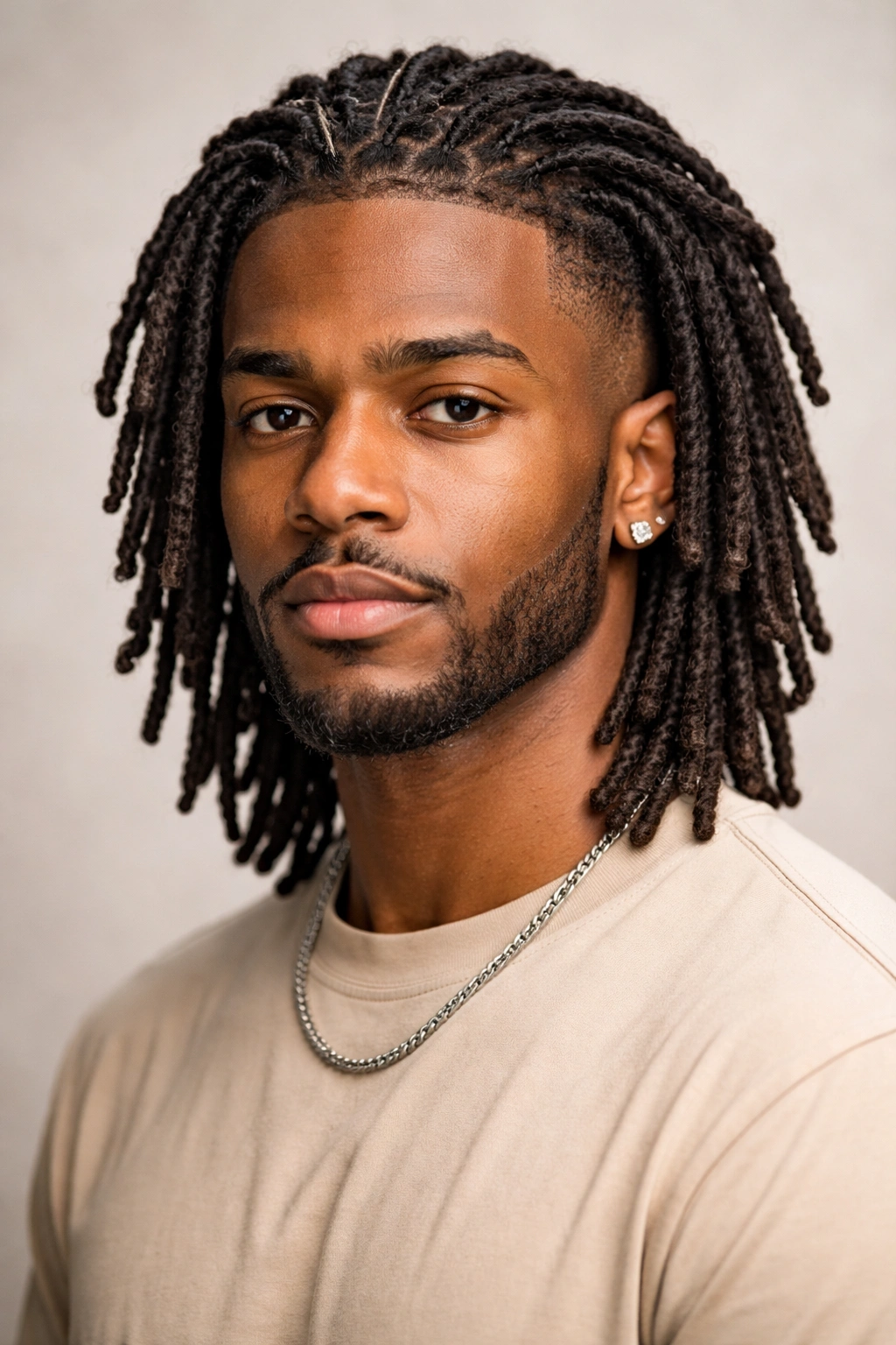 Portrait of a person with fully formed instant locs that look mature.