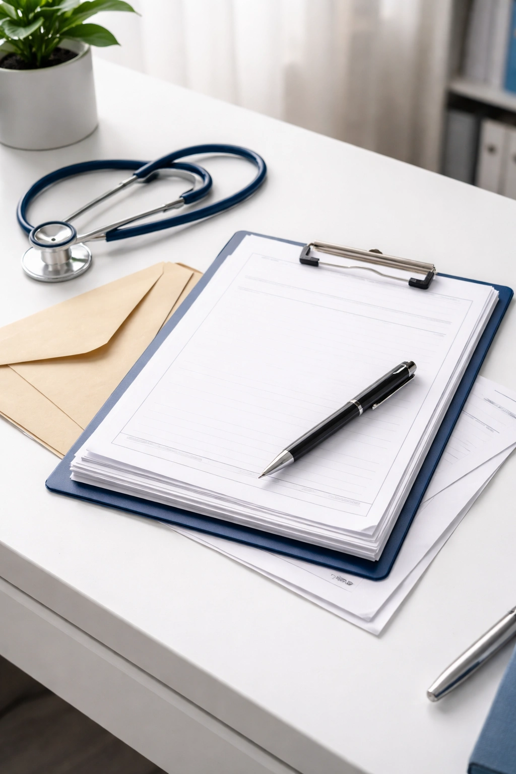 Desk with blank documents and stethoscope representing appealing a denied insurance claim