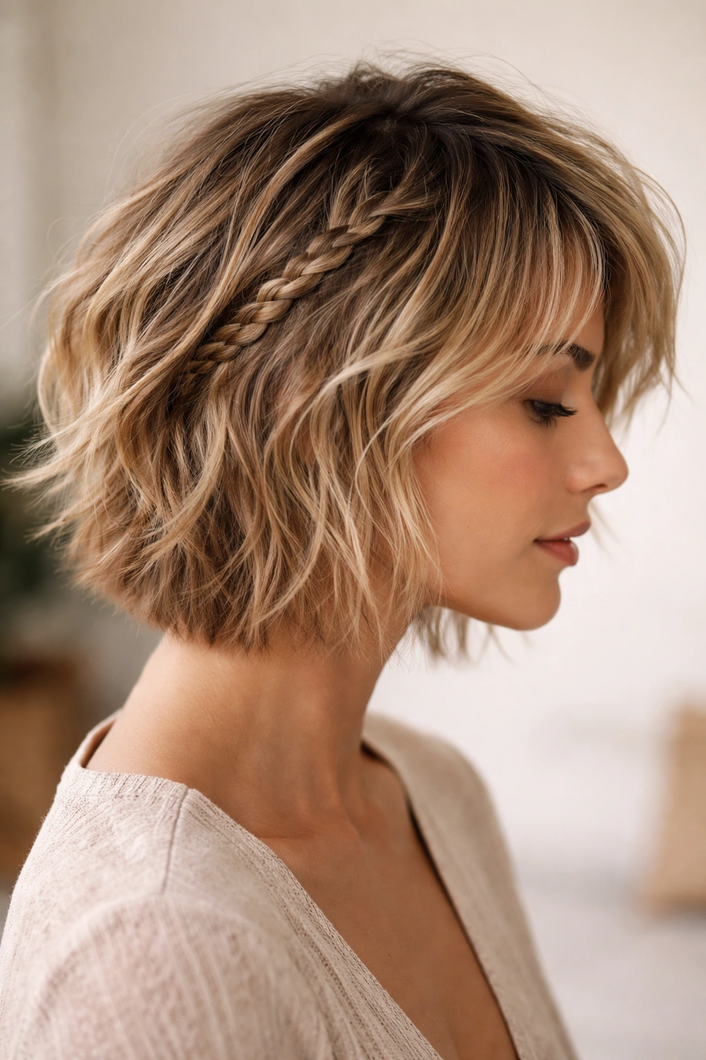 20 Short Braided Hairstyles To Pin Right Now 20 Close-up of a thin integrated braid woven into a textured shag hairstyle