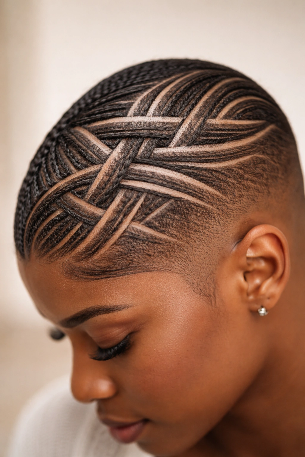 Top view of a Black woman's scalp with interlocking line patterns