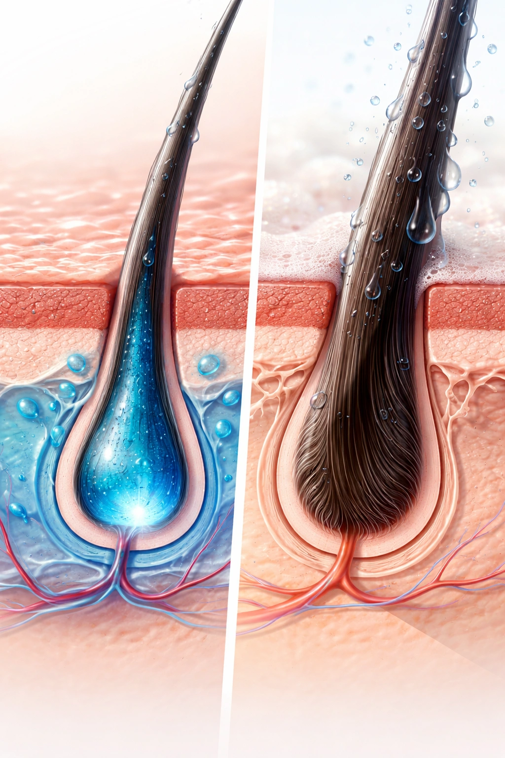 Cross-section illustration showing internal hydration nourishing a follicle vs external surface moisture