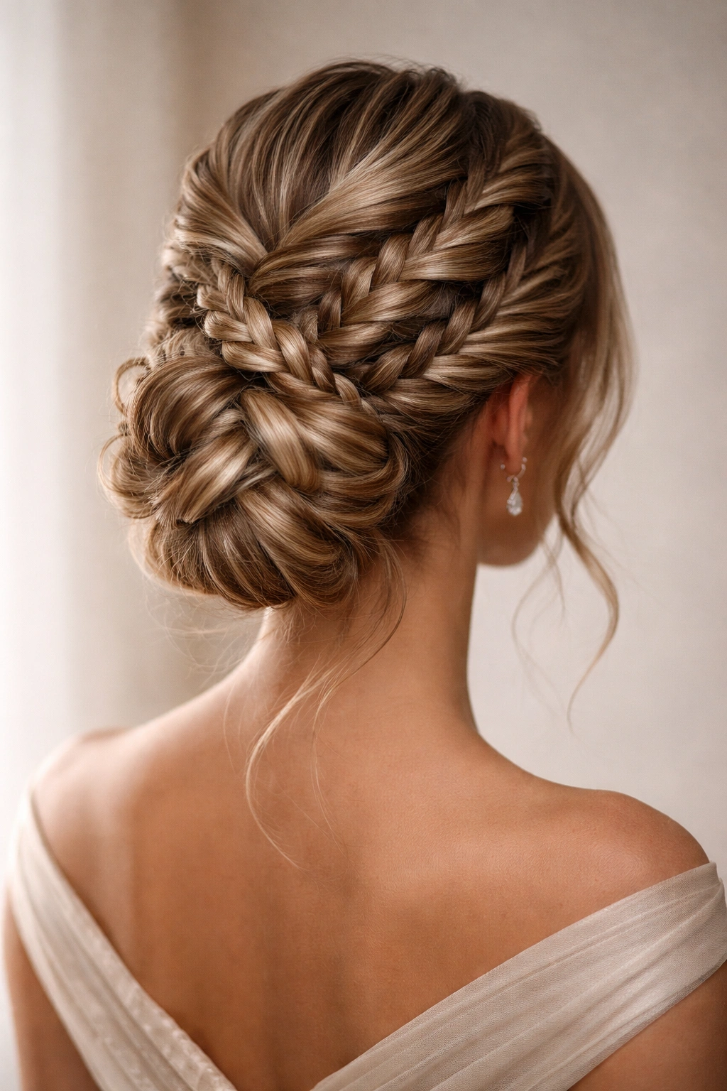 Back view of an intricate braid updo with Dutch and fishtail braids