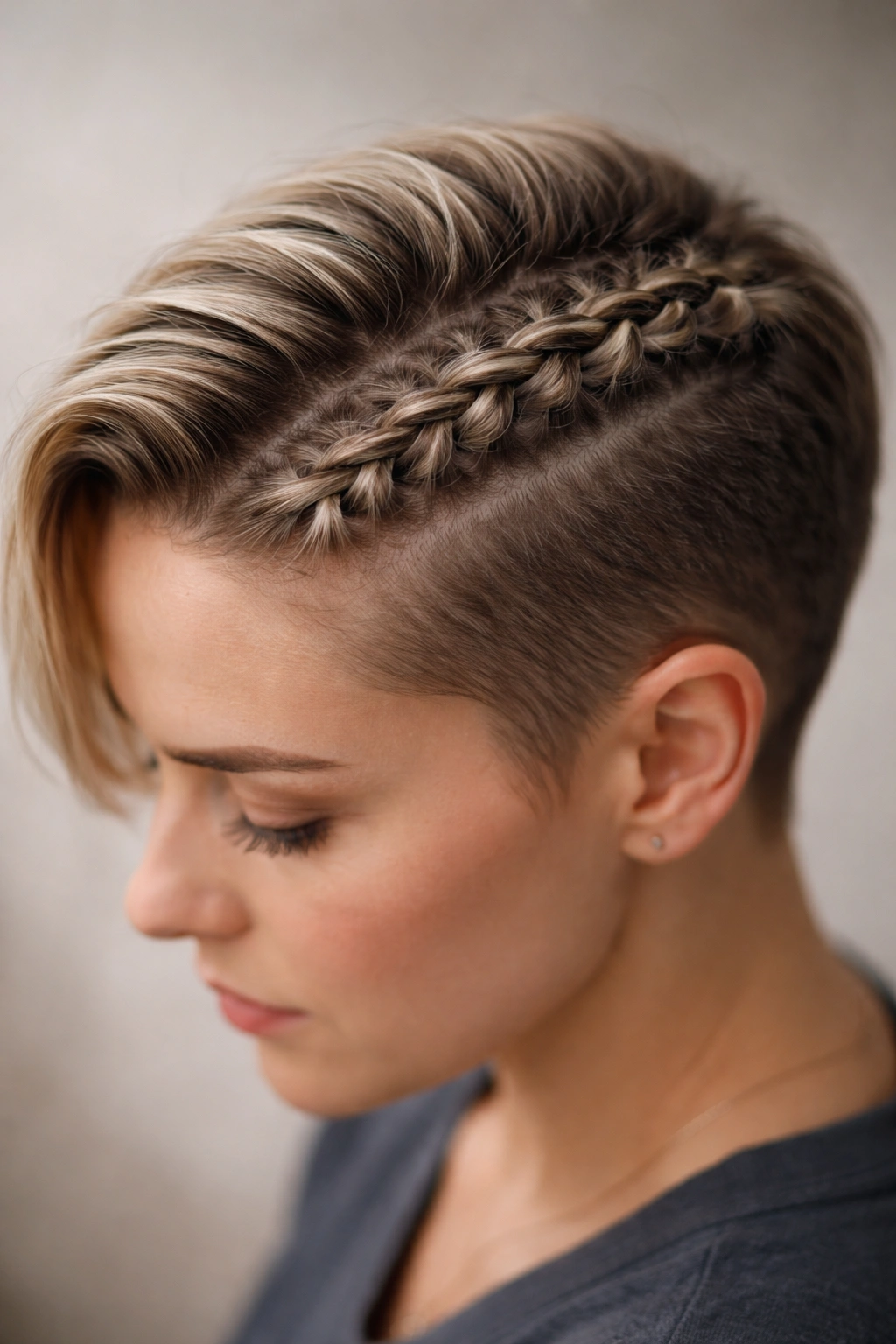 10 Viking Inspired Braids That Work Well On Short Hair 9 Close-up of scalp with cornrow-style braid on short hair