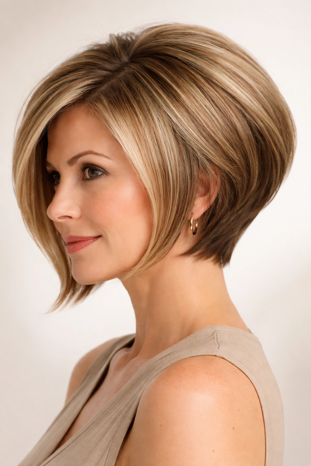 Slight three-quarter view of an inverted bob showing back-stacked and longer front