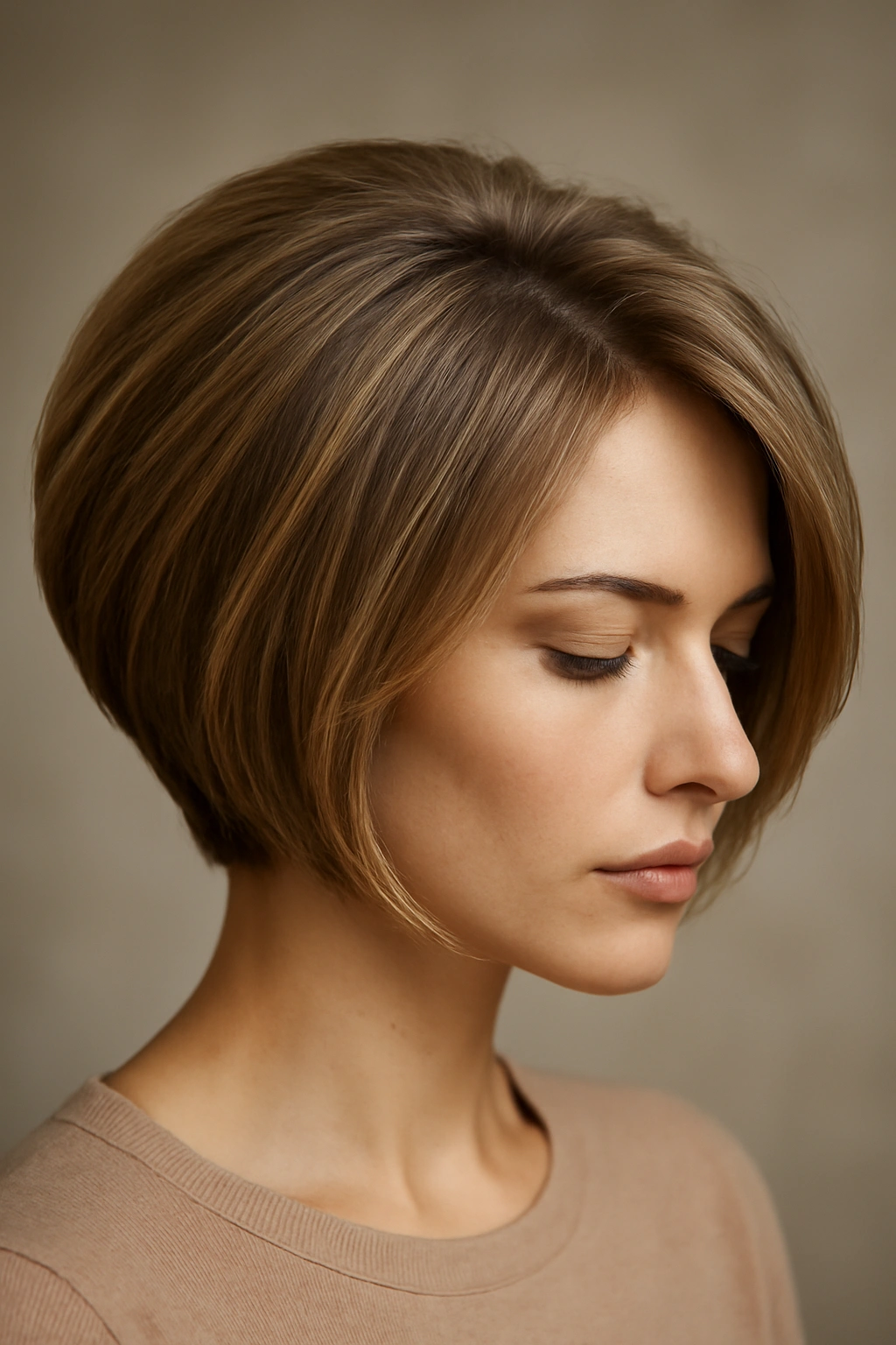Close-up of a model with an inverted bob showing crown lift and angled front for volume