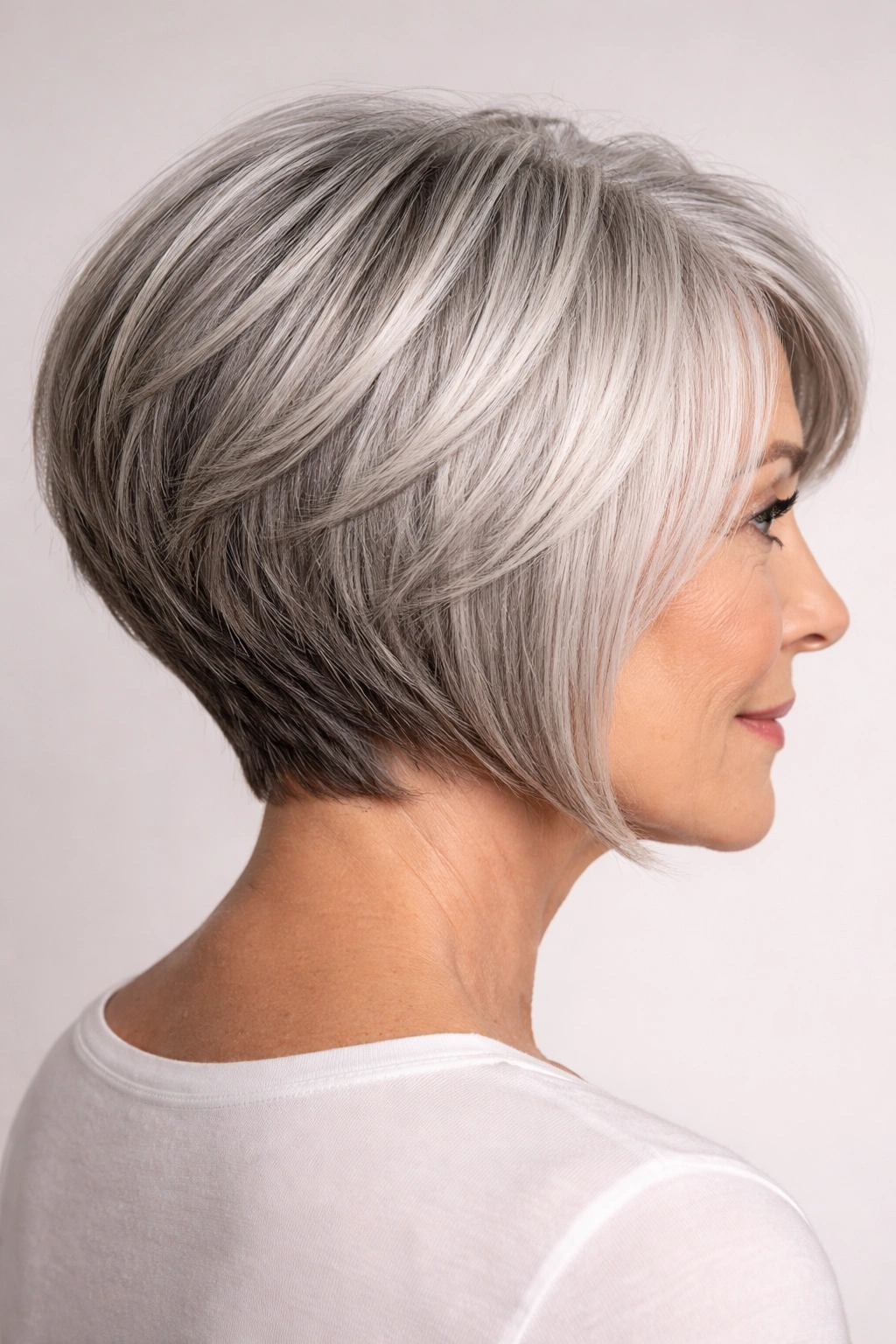 Inverted bob with stacked layers in gray hair