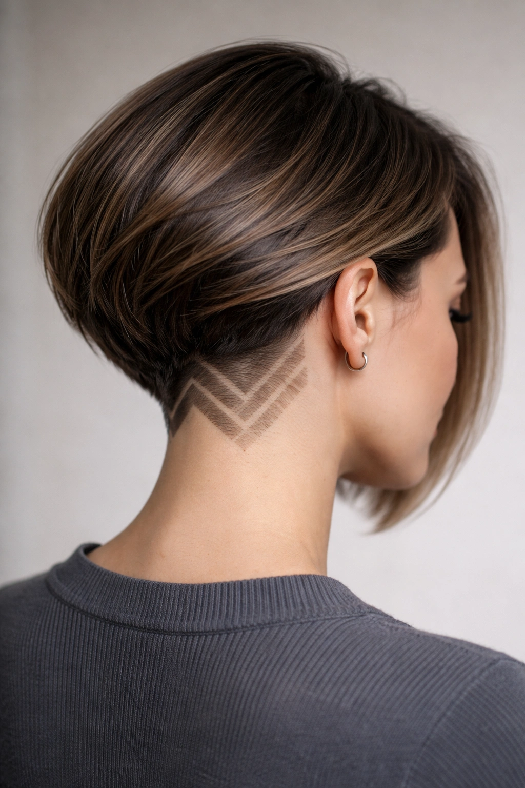 Close-up of a short inverted bob with a hidden geometric undercut at the nape