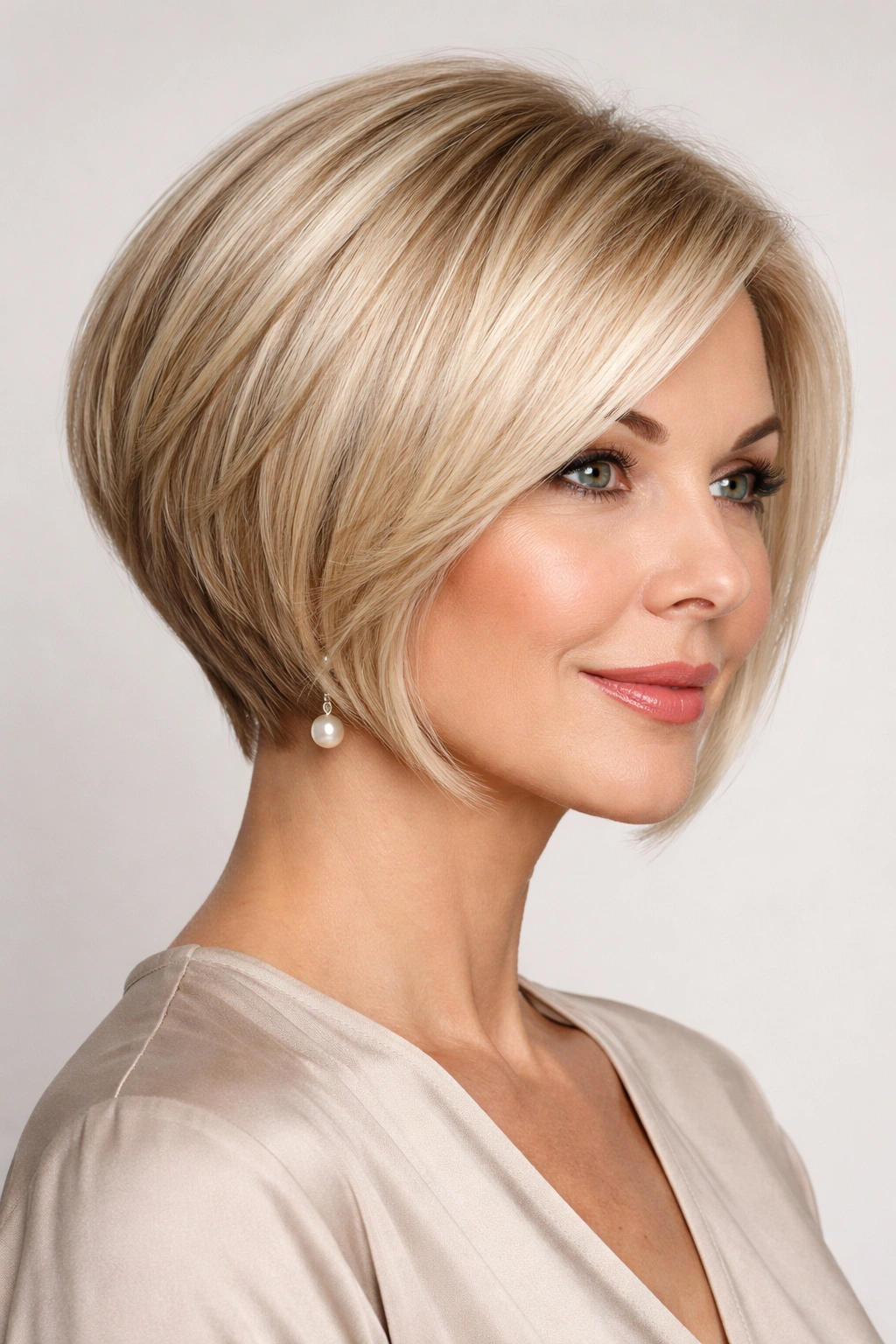 Model with straight inverted bob showing stacked back for volume