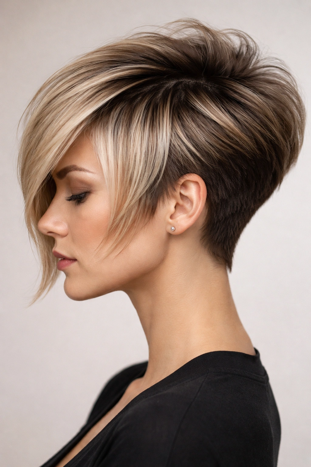 Side profile of an inverted pixie bob hybrid with very short back and longer front pieces