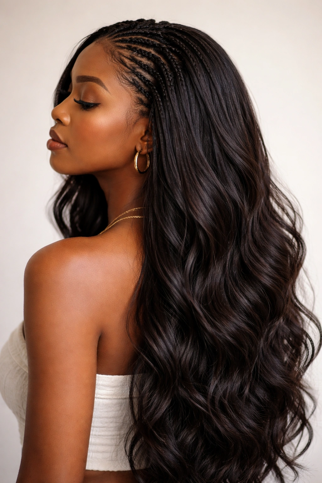 Invisible braids concealed beneath long flowing hair creating a natural look