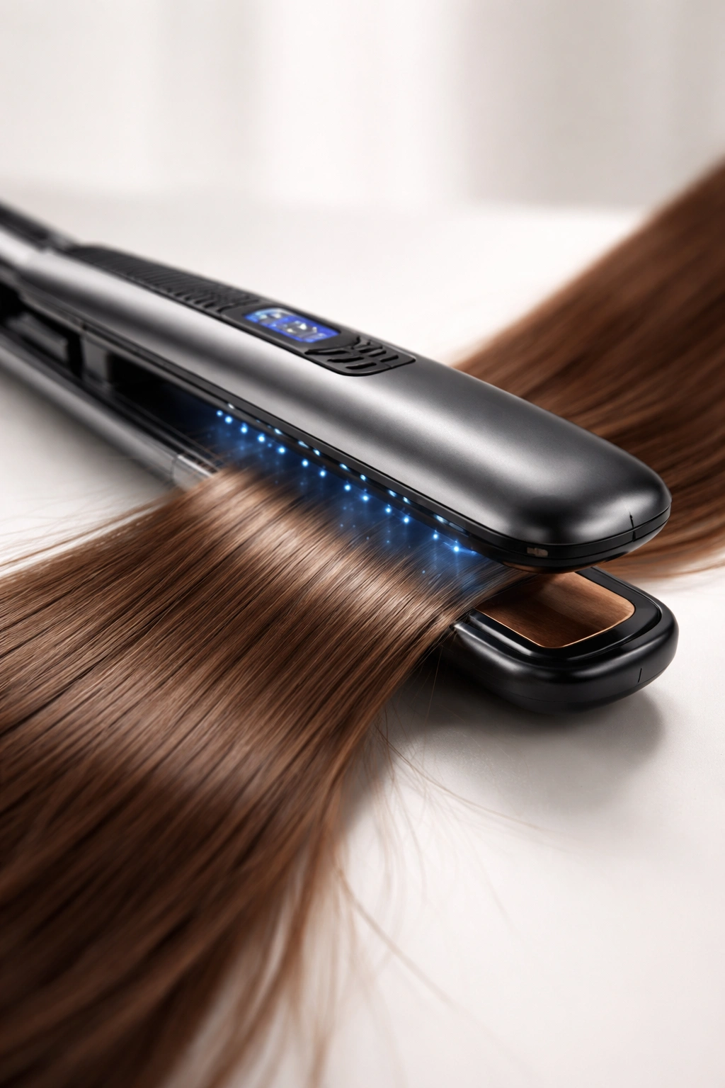 Ionic flat iron with hair passing between plates