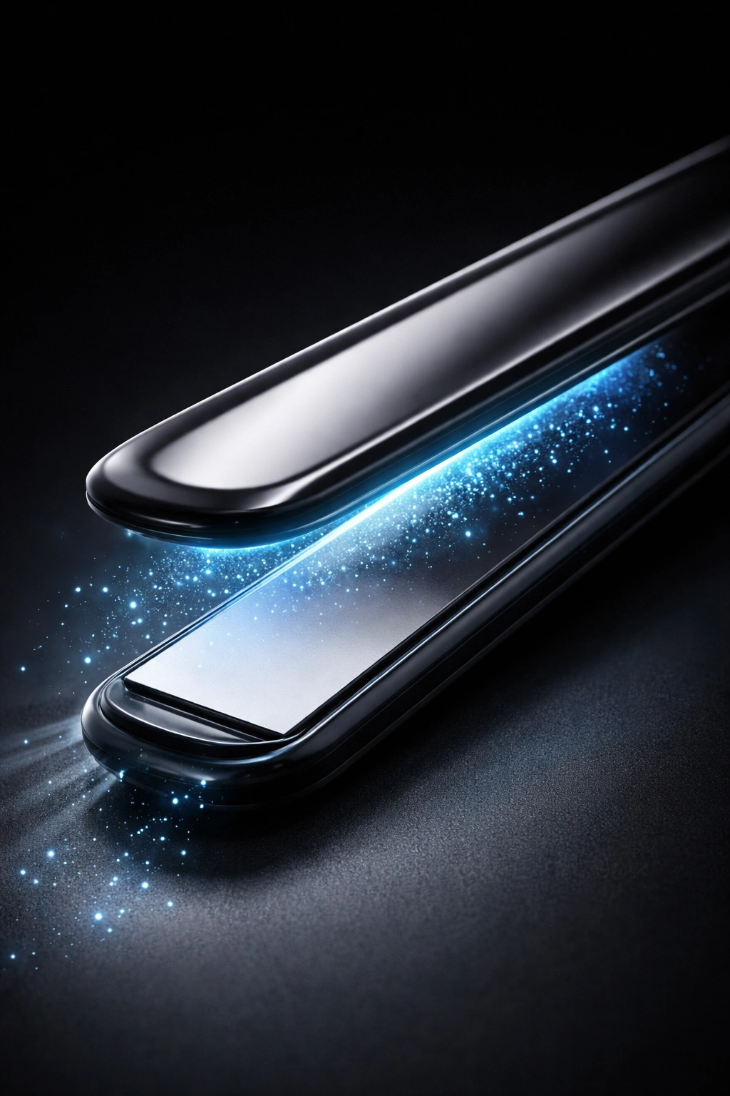 Flat iron plate with a blue glow suggesting ionic technology and tourmaline infusion