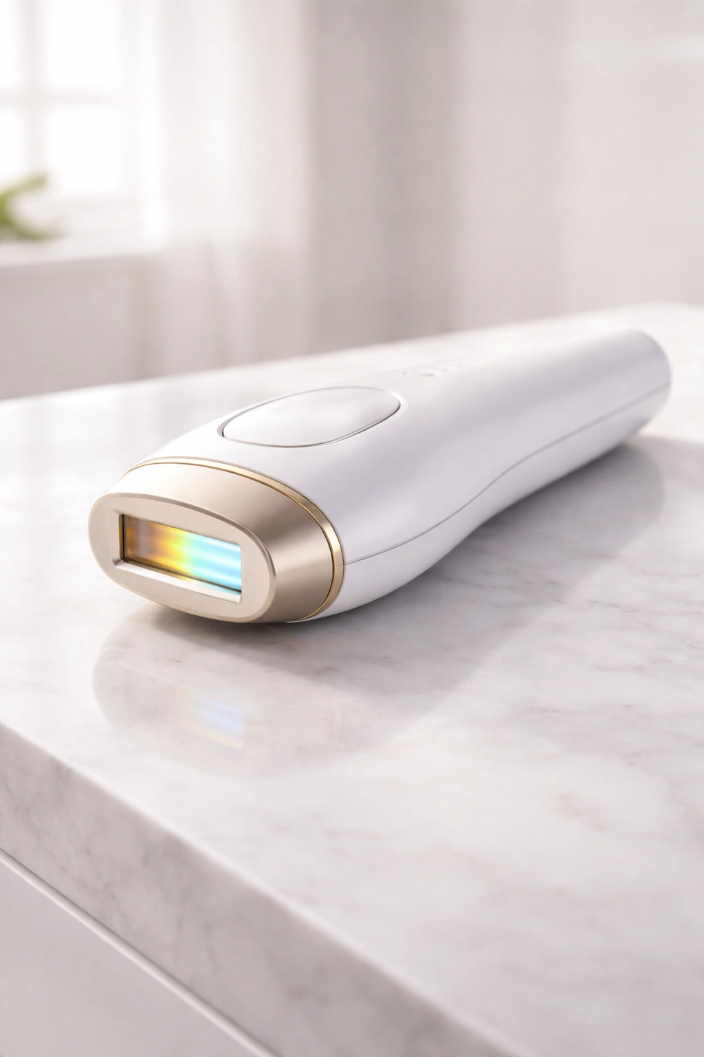 Close-up of a sleek handheld IPL device on a clean bathroom counter, showing its light-emitting panel.