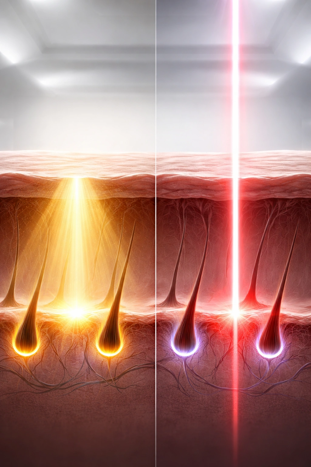 Abstract illustration showing broad-spectrum light vs focused laser beam in clinical context