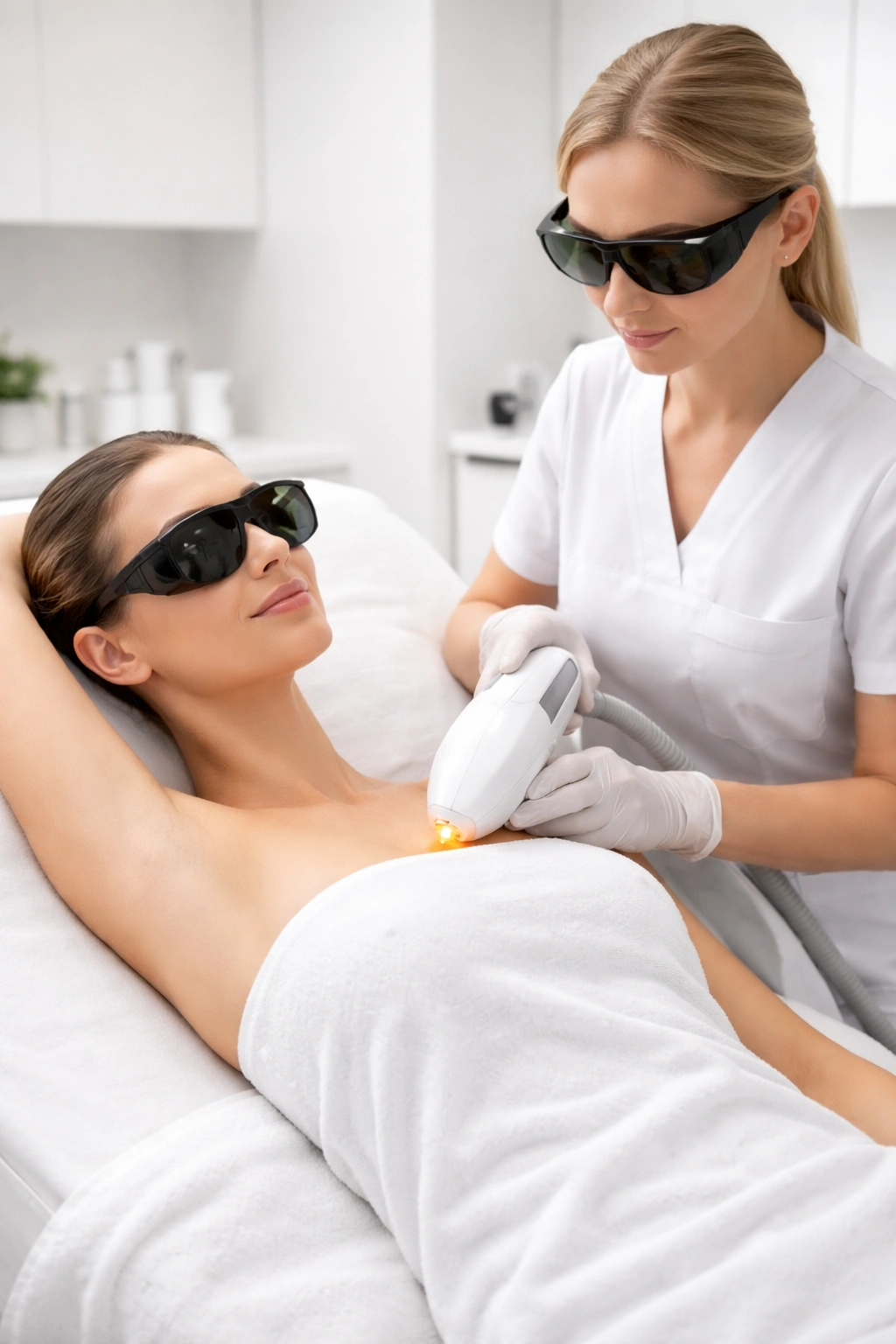 Patient receiving IPL/laser treatment with clinician wearing goggles in a clean clinic