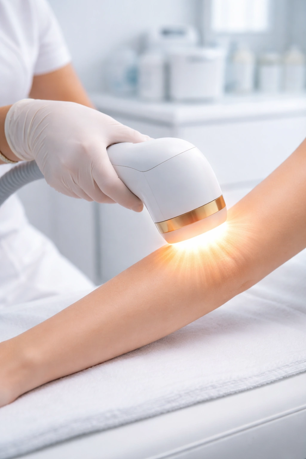 IPL device emitting diffuse light on forearm during treatment in clinic