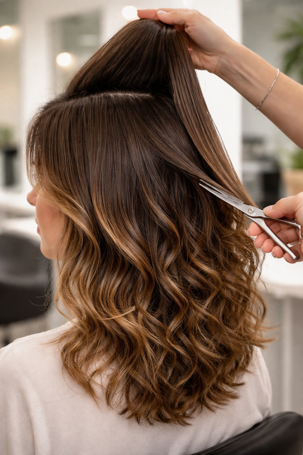 Close-up of a model's head during a dry-cut, showing straight top layer and visible waves underneath.