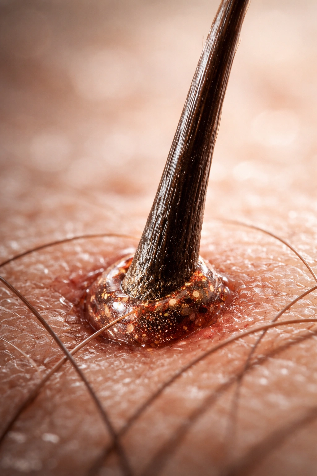 Hair strand with subtle metallic sheen indicating iron's role.