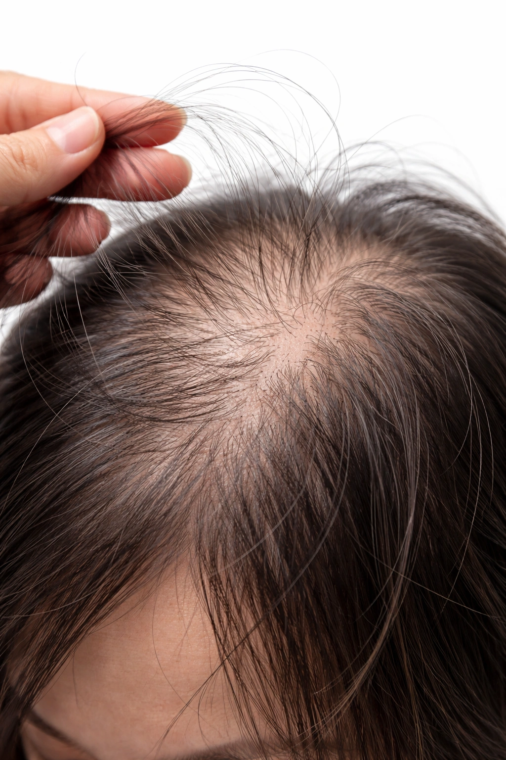 Thinning scalp with loose hairs illustrating iron deficiency-related shedding