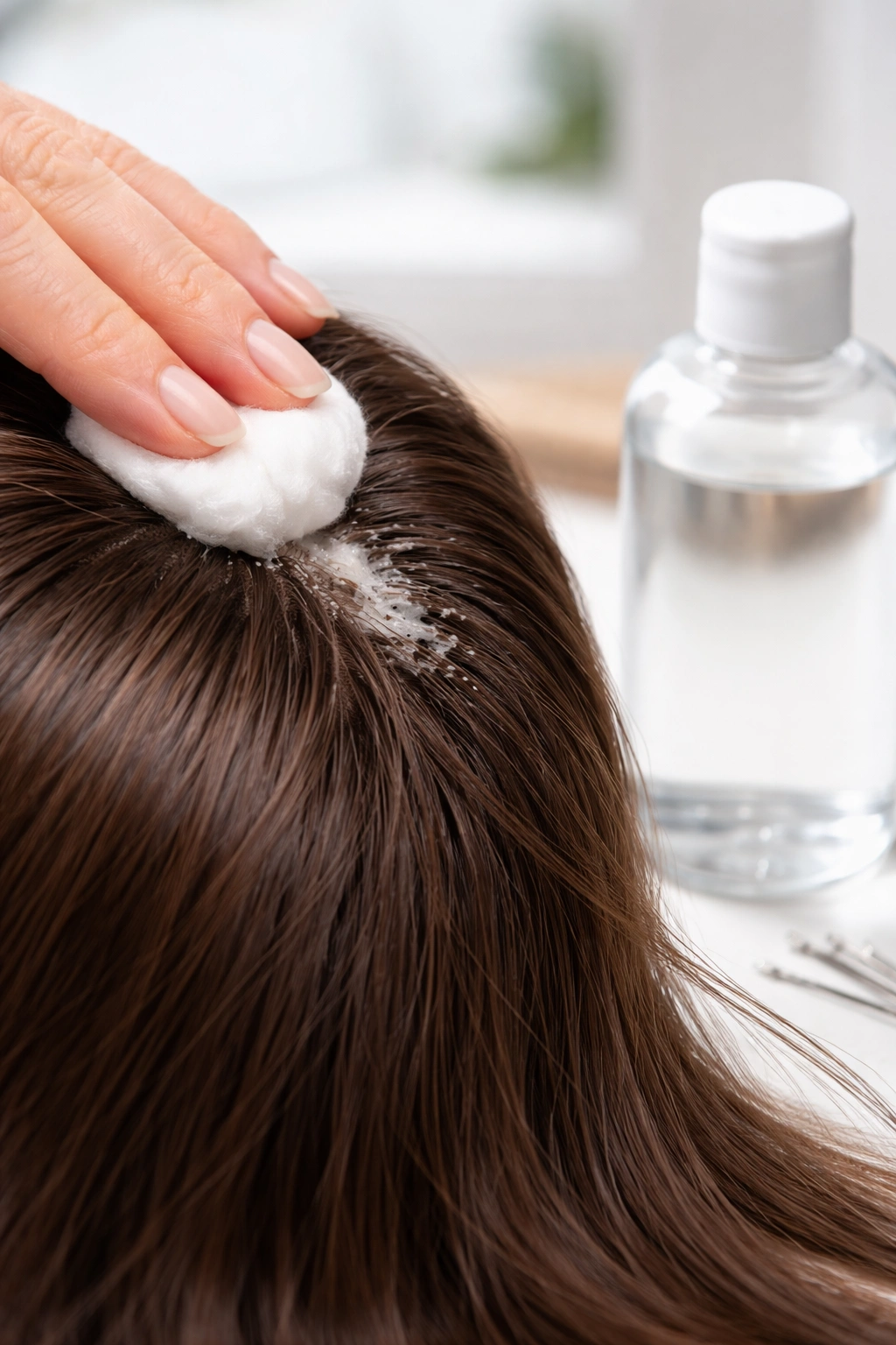Cotton ball applying alcohol to glued scalp area for adhesive removal.
