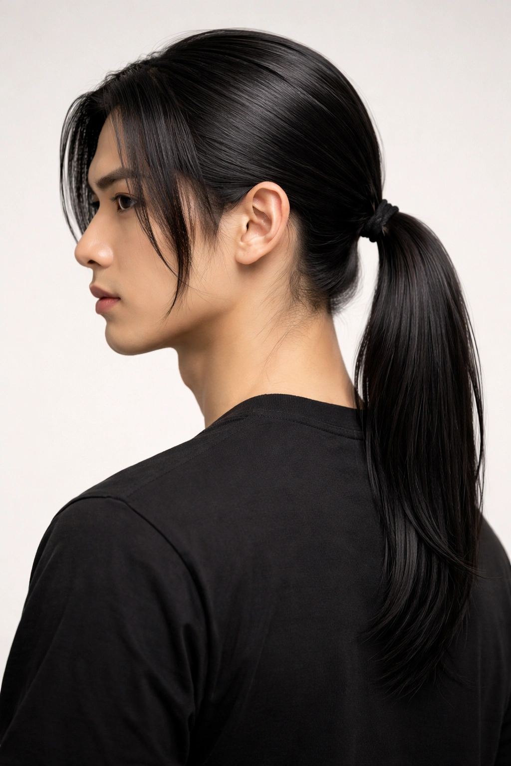 Profile view of The Itachi Uchiha Low Ponytail with center part and low ponytail