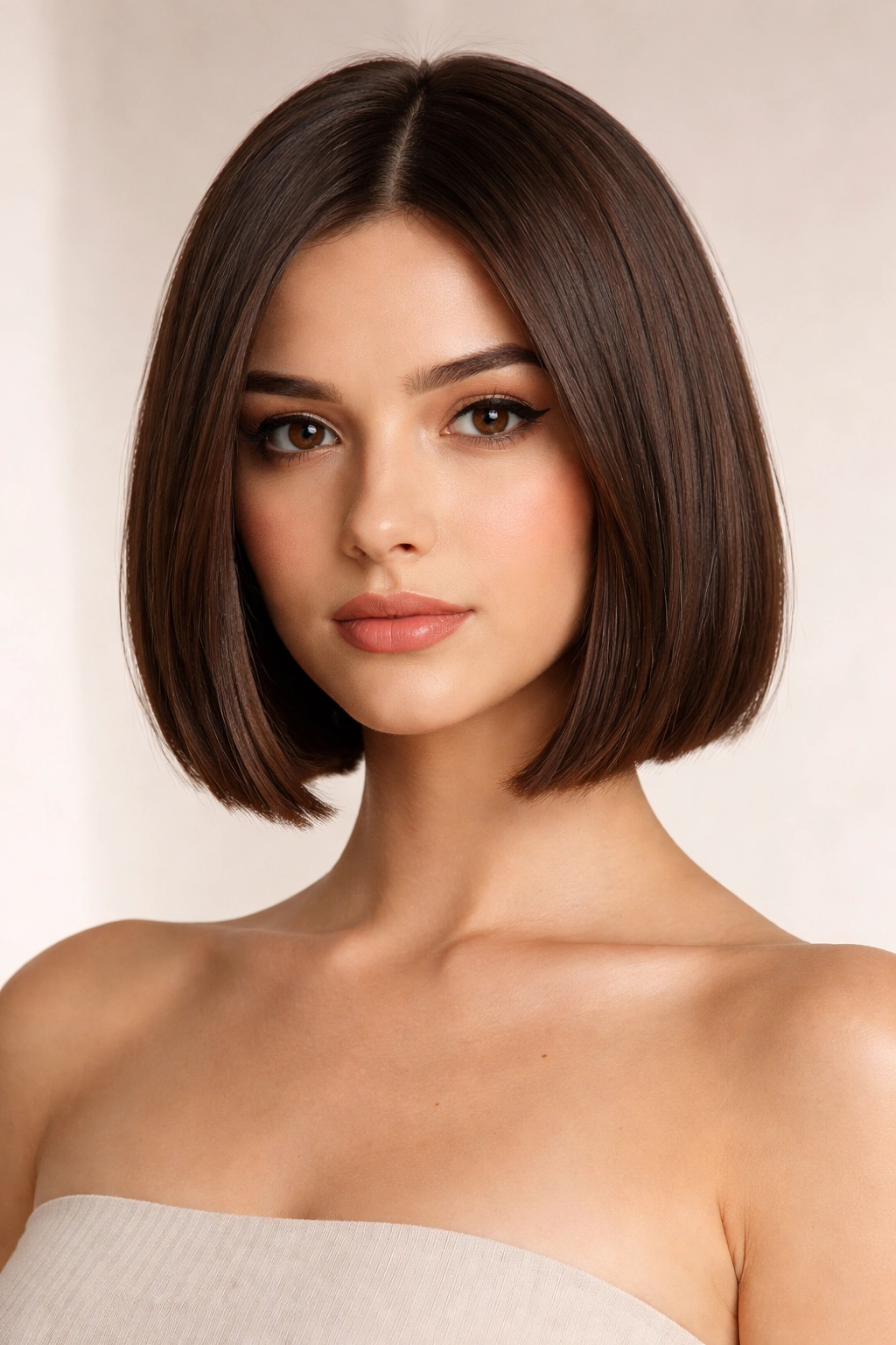 Model wearing a chin-length Italian bob with blunt ends.