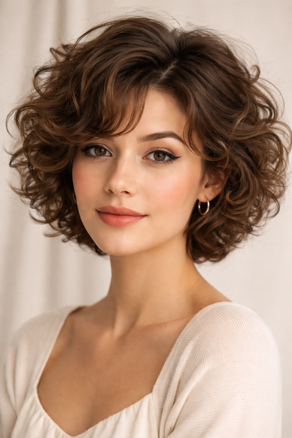Short tousled curls framing face in Italian cut style