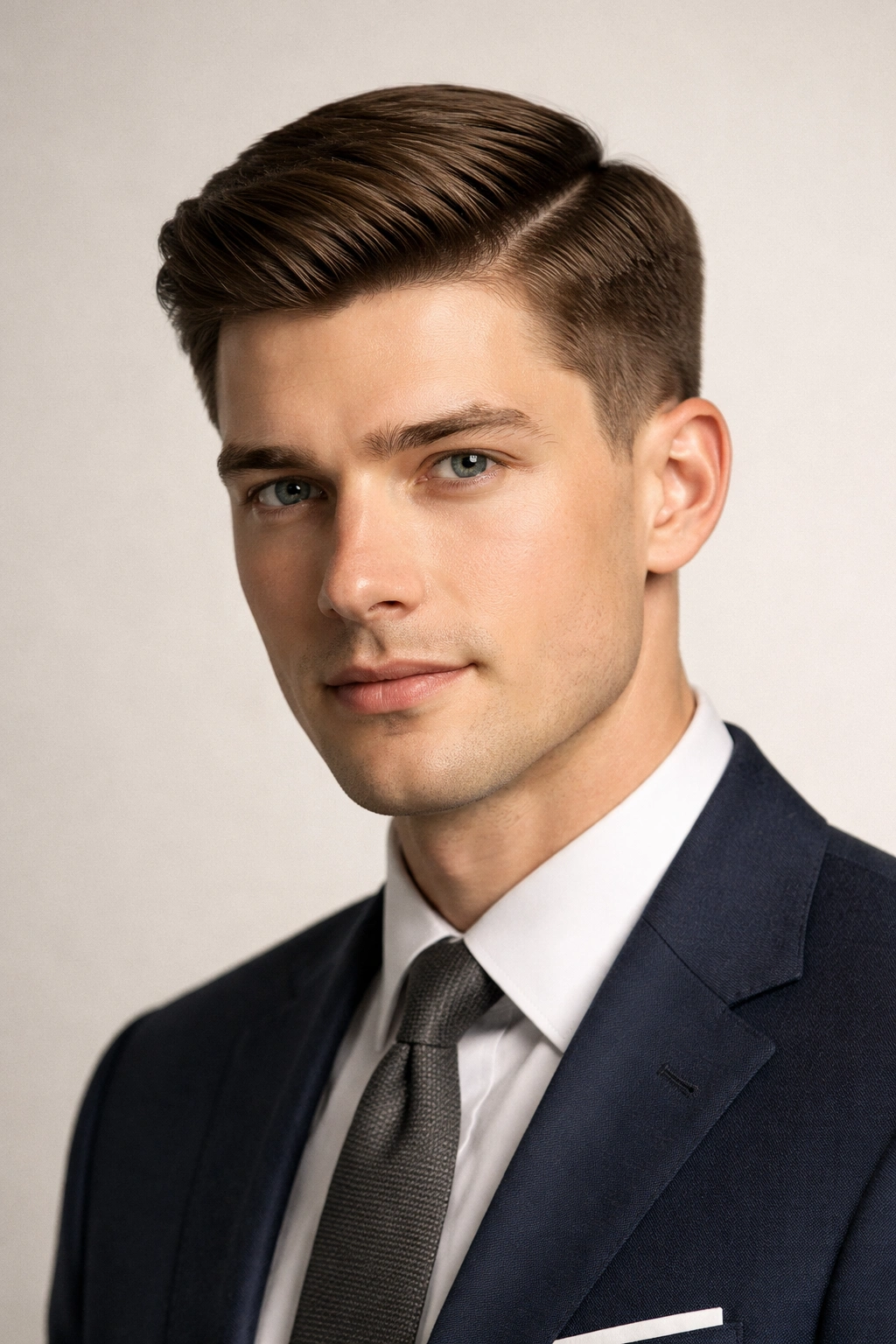 Close-up portrait of a man with an Ivy League cut and sharp side part