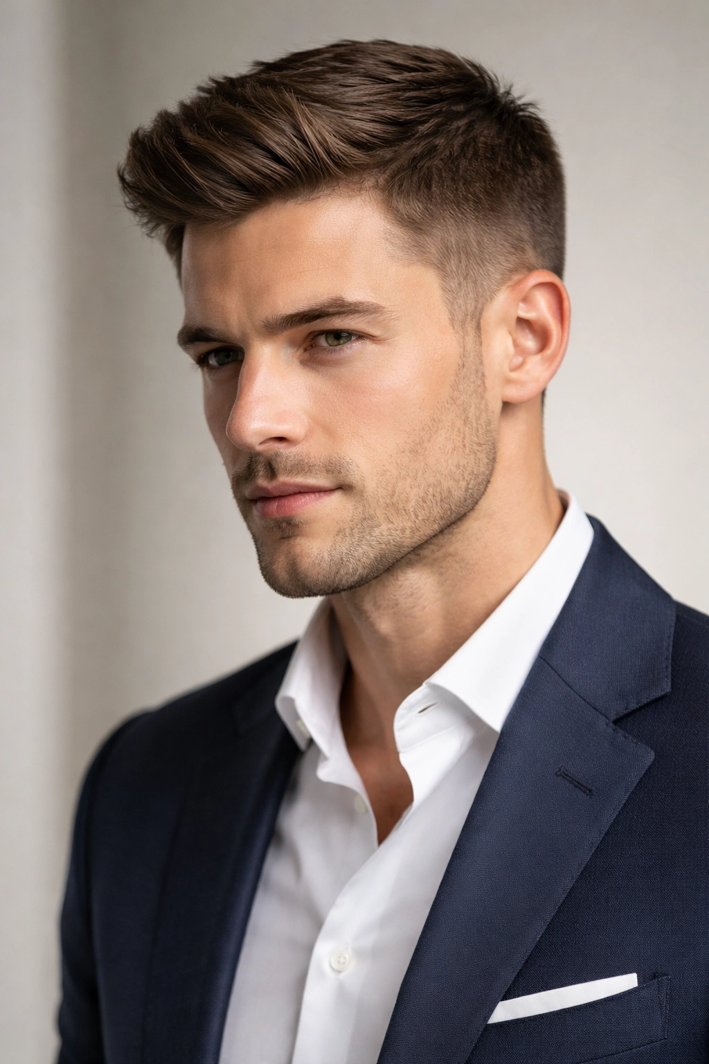 Portrait of a man with an Ivy League haircut, showing tapered sides and textured top