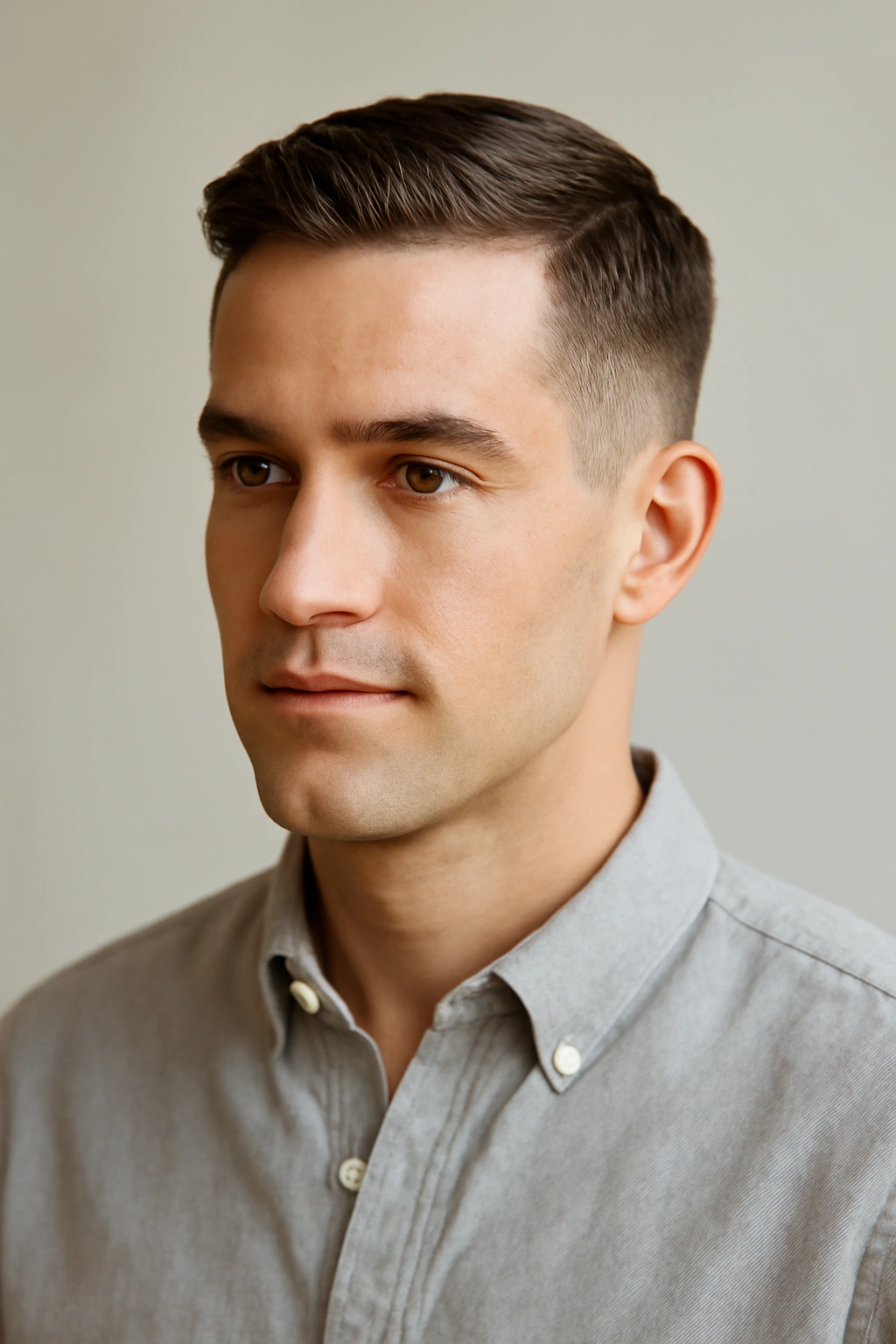 15 Sharp Short Haircuts Every Man Should Try 11 Portrait of a man with an Ivy League cut: short sides and slightly longer top, neat and classic.