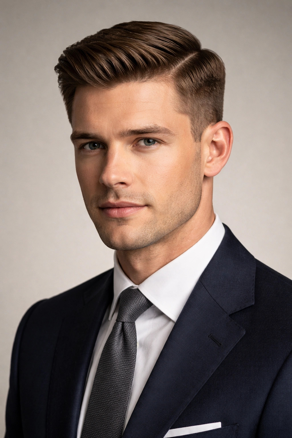 Portrait of a man with an Ivy League cut showing a distinct side part and neatly combed top