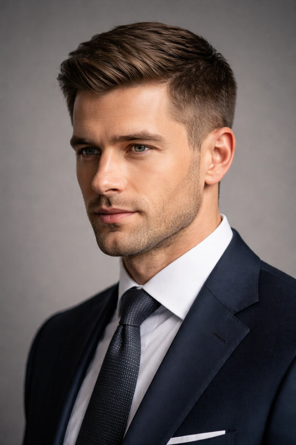 Close-up portrait of a man with an Ivy League Cut showing a subtle side part and tapered sides